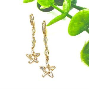 Womens Long Drop Dangle Star Celestial Charm earrings on Gold Huggie Hoops